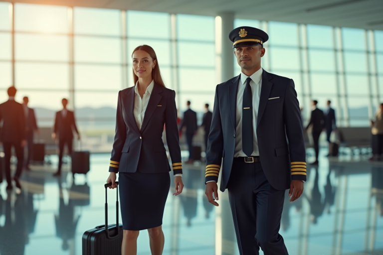 Un pilote et une hôtesse marchent dans un aéroport lumineux