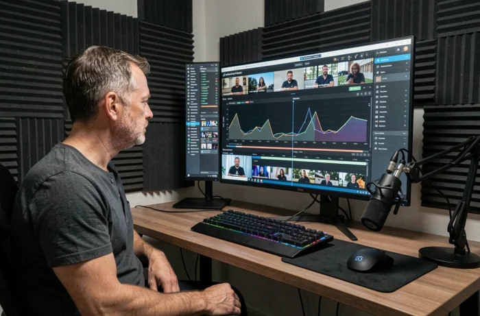Producteur vidéo professionnel travaillant sur une interface de streaming multi-écrans dans un studio à domicile