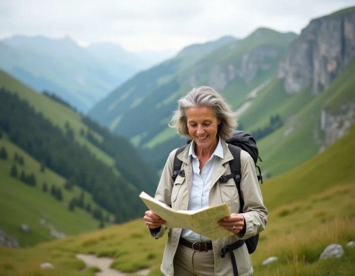 Randonneuse consultant une carte dans les prairies alpines autour de Veynes dans les Hautes-Alpes