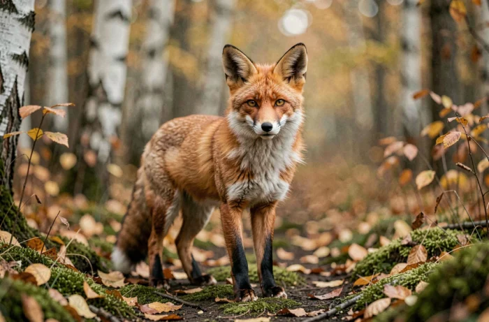 Renard roux sauvage alerté sur un sentier forestier automnal aux feuilles dorées