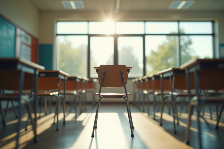 Salle de classe vide avec lumière naturelle et chaise vide