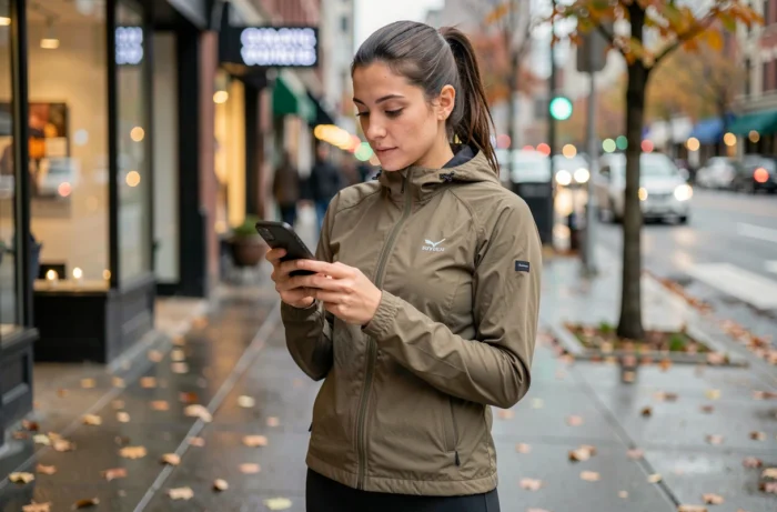 Femme consultant les dernières tendances du sport en ligne sur son smartphone dans une rue urbaine