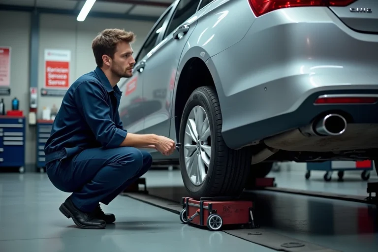 Technicien automobile professionnel inspectant une voiture surélevée dans un garage moderne et bien équipé