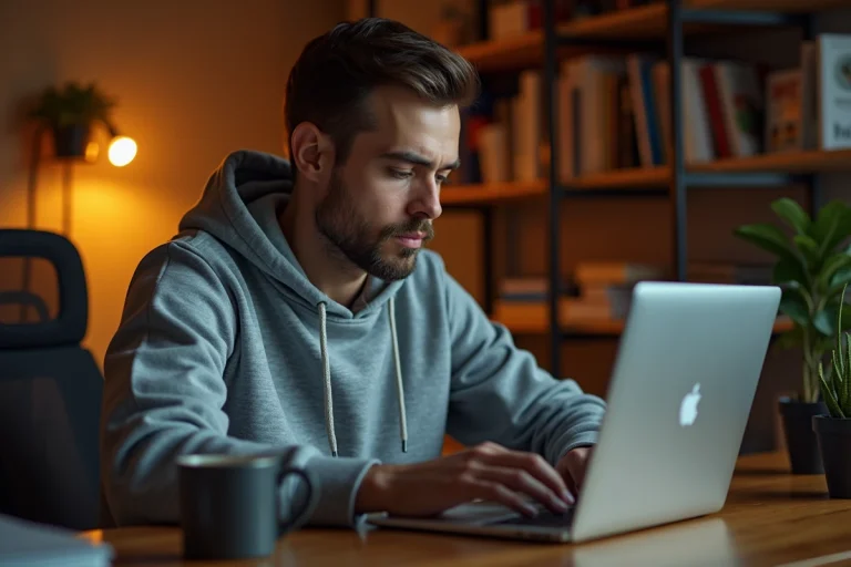 Homme utilisant un laptop pour télécharger des fichiers via une interface de torrent à son bureau à domicile