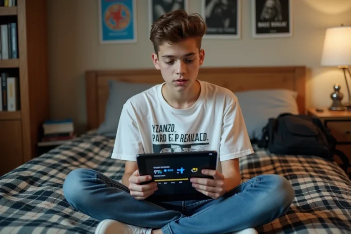 Adolescent utilisant une tablette pour télécharger des fichiers torrent dans une chambre d'étudiant