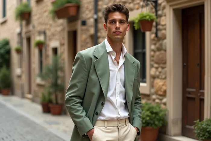 Homme stylé en blazer lin vert sauge tendance dans une rue pavée européenne