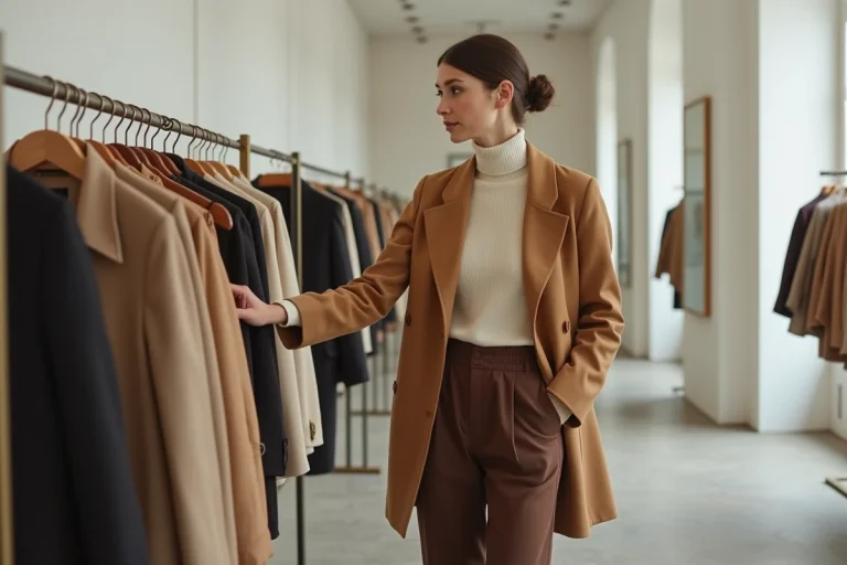Femme élégante en manteau camel tendance dans une boutique de mode parisienne minimaliste