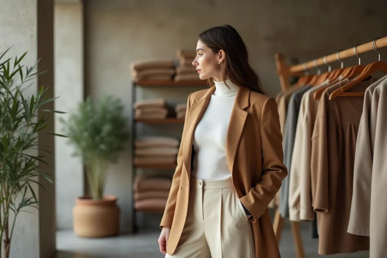 Femme stylée en blazer camel et pantalon large dans une boutique de mode parisienne minimaliste