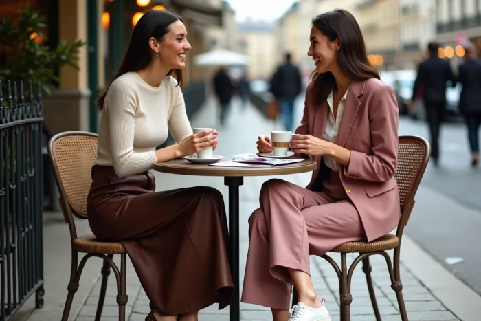 Deux femmes élégamment habillées aux dernières tendances mode, riant en terrasse de café à Paris avec un magazine de mode