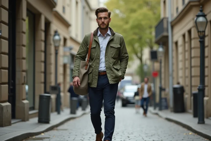 Homme en veste utilitaire verte marchant dans une rue pavée européenne avec un style moderne et décontracté
