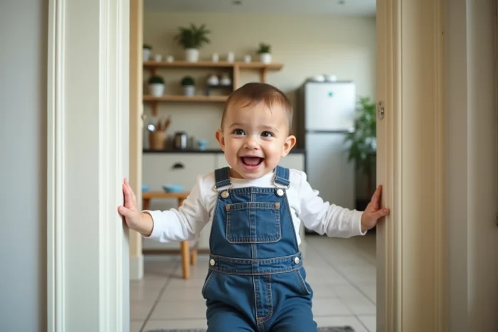 Tout-petit de 2 ans poussant une porte intérieure avec les deux mains dans une maison familiale, sourire de satisfaction visible