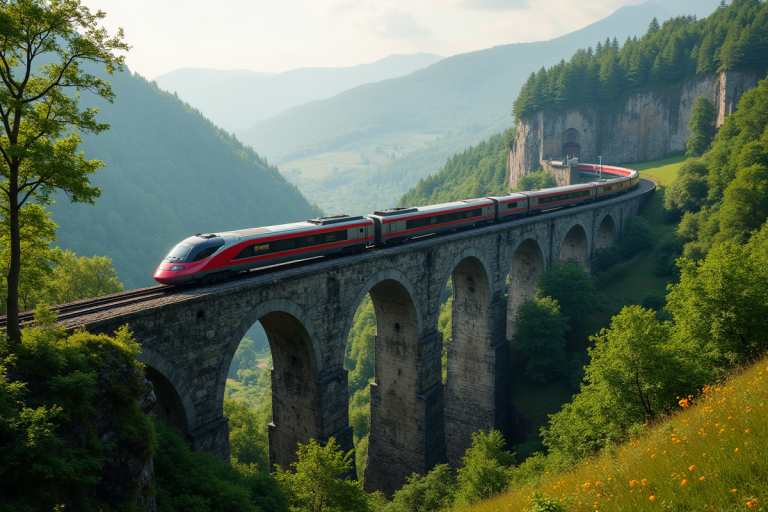 Train moderne traversant un viaduc ancien au-dessus d'une vallée verte