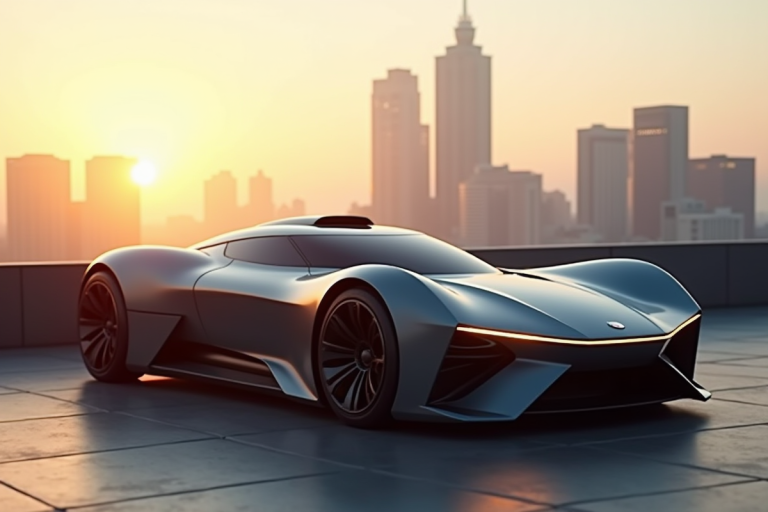 Voiture concept futuriste sur un toit urbain au coucher du soleil