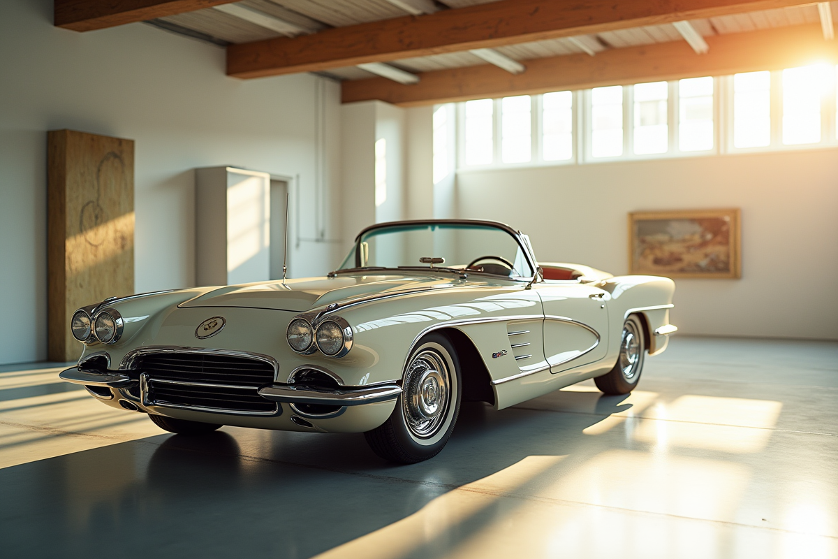 Voiture vintage transformee en installation artistique dans une galerie
