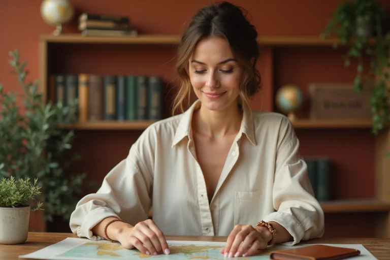 Femme consultant un itinéraire de voyage sur mesure dans une agence de voyage artisanale et chaleureuse