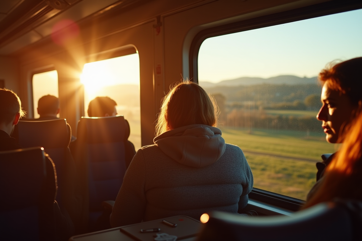 Voyageurs dans un train regardant par la fenêtre panoramique