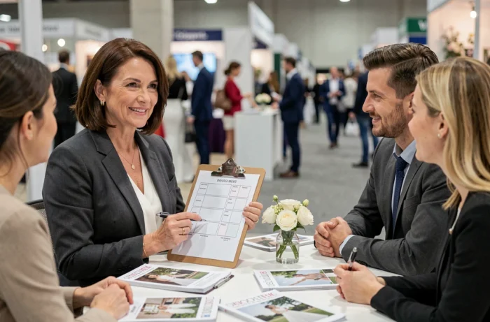 Wedding planner professionnelle en consultation avec des futurs mariés lors d'un salon du mariage