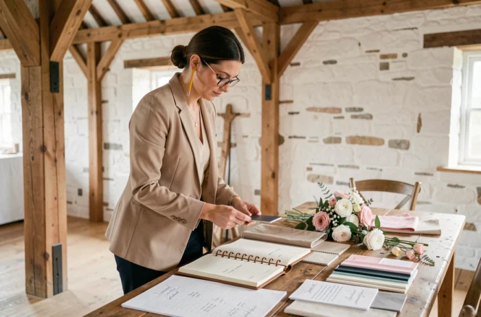 Wedding planner féminine organisant les détails d'un mariage dans une grange rustique avec swatches de tissu et plan de table